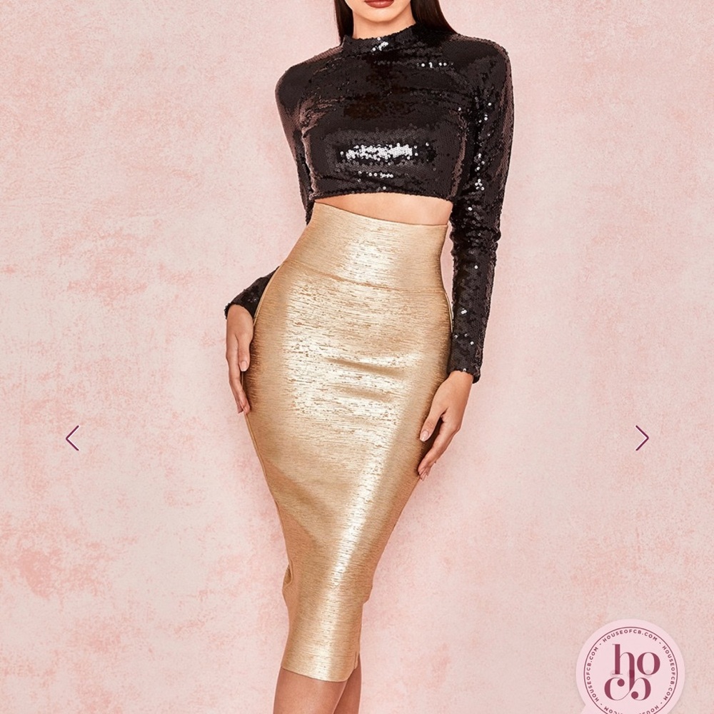 House of CB London Michaela Gold Foil Bandage Super High Waisted Skirt - Size M